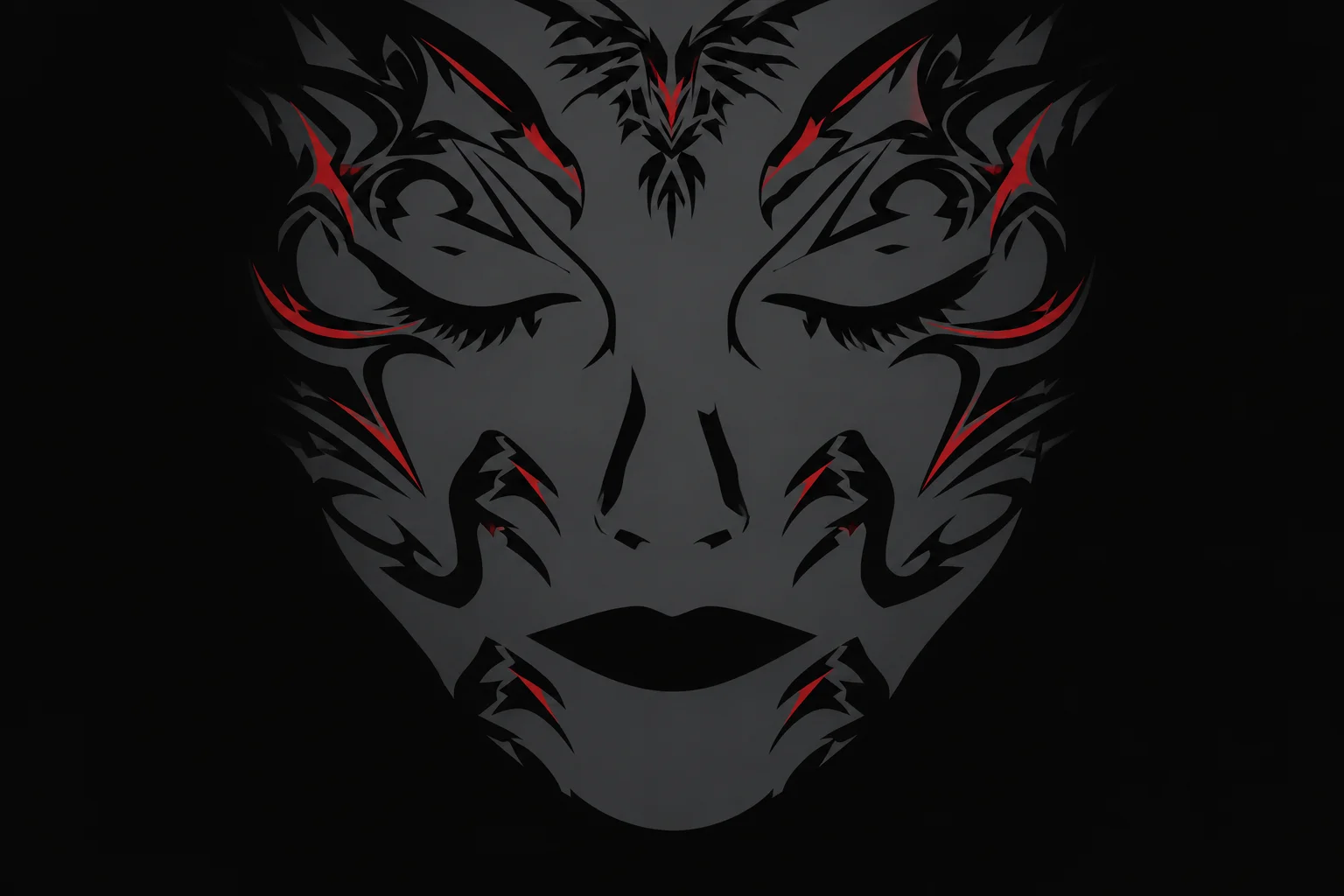Visage stylisé aux yeux clos, motifs en nuances de gris, emblème graphique de Chi Fan