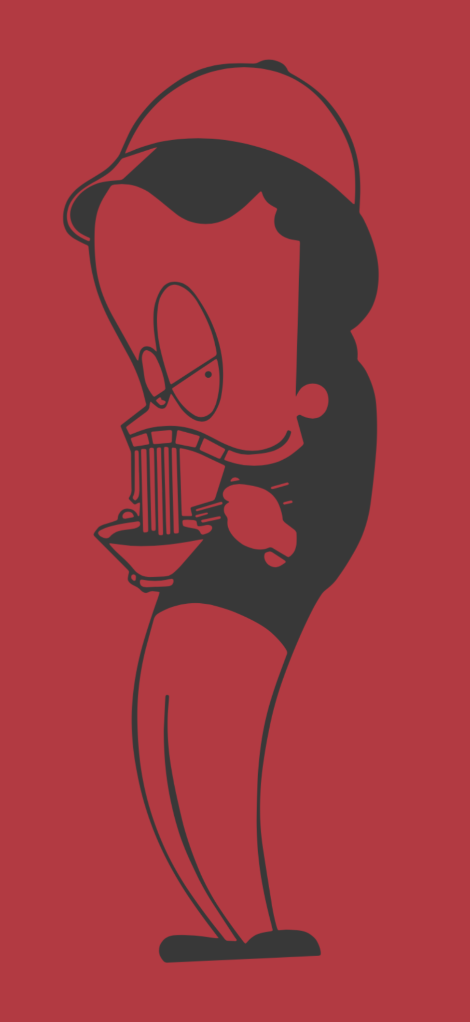 Personnage rouge de Chi fan dégustant un bol de nouilles