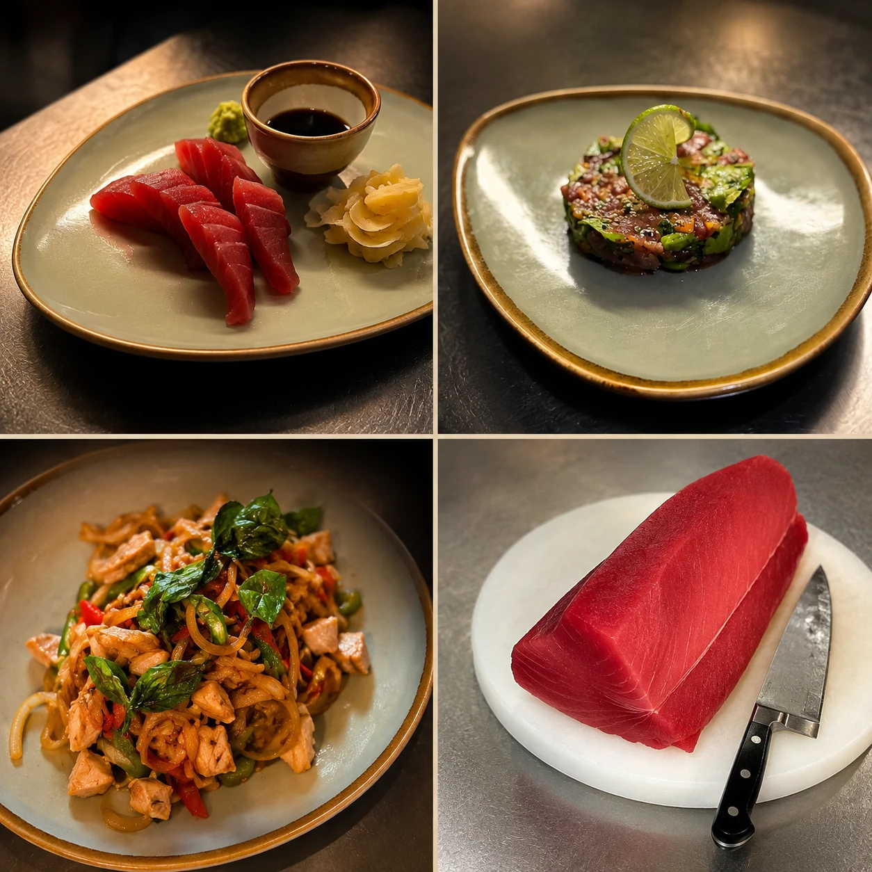 Composition de photographies de thon et de plats préparés
